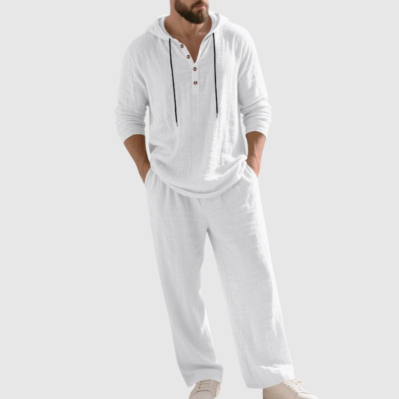 Andreas | Herren Kapuzen-Henley Leinen Set Relaxed-Fit Loungewear