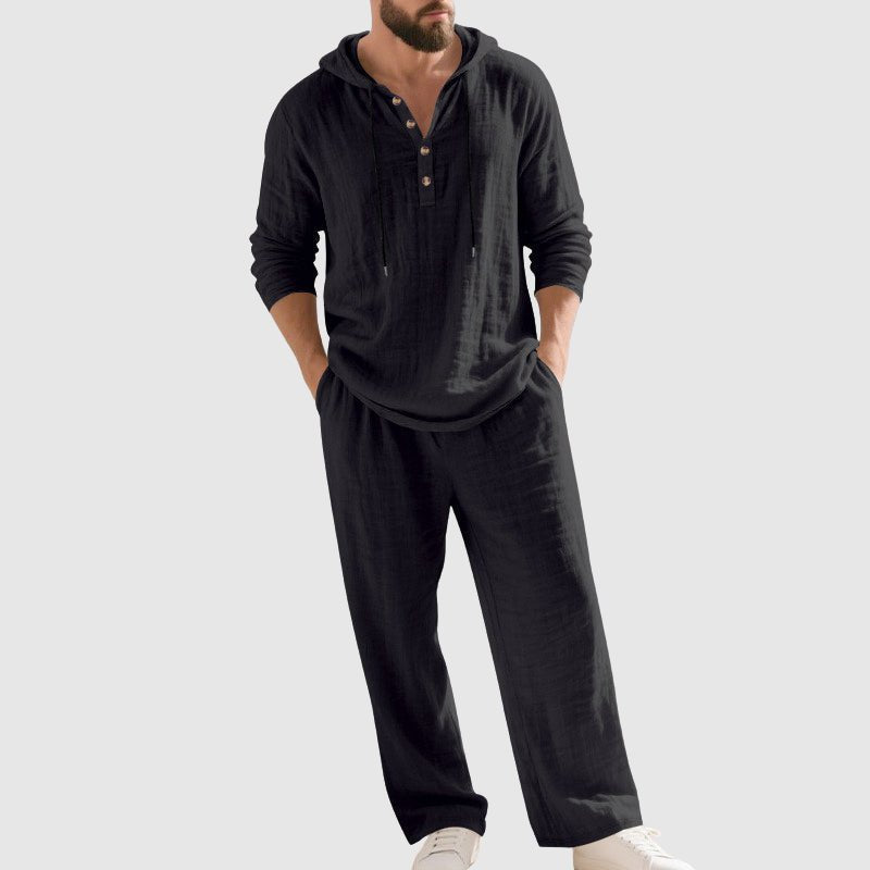 Andreas | Herren Kapuzen-Henley Leinen Set Relaxed-Fit Loungewear