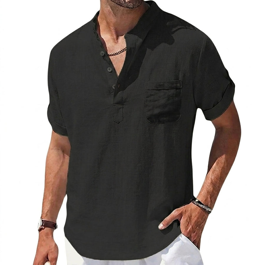 Herren Kurzarm Henley Hemd mit Stehkragen und Brusttasche