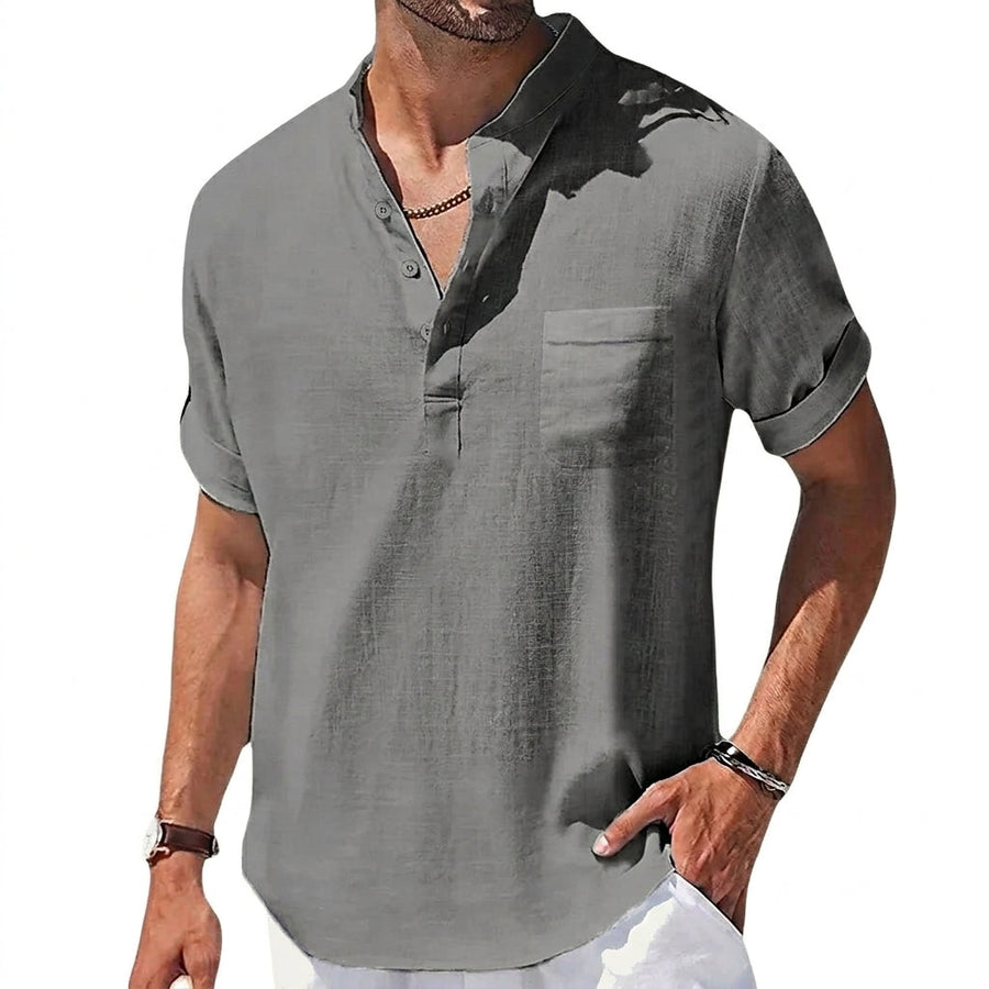 Herren Kurzarm Henley Hemd mit Stehkragen und Brusttasche