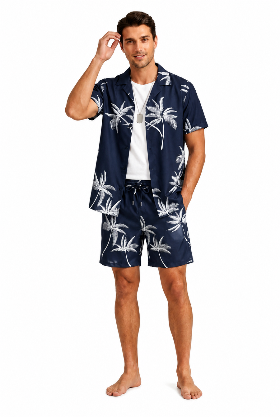 Herren Kurzarmhemd- und Shorts-Set mit Palmenmuster