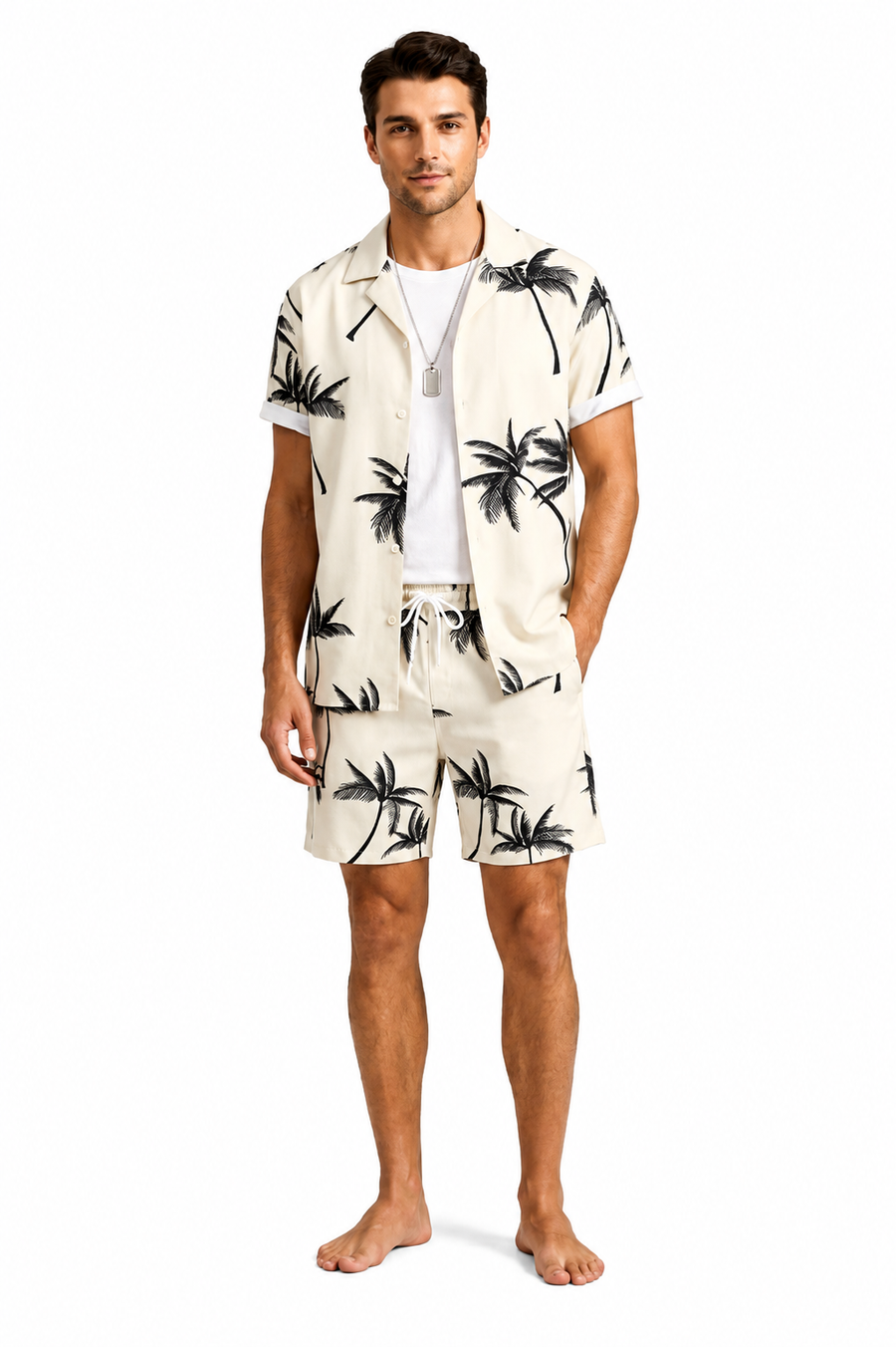 Herren Kurzarmhemd- und Shorts-Set mit Palmenmuster