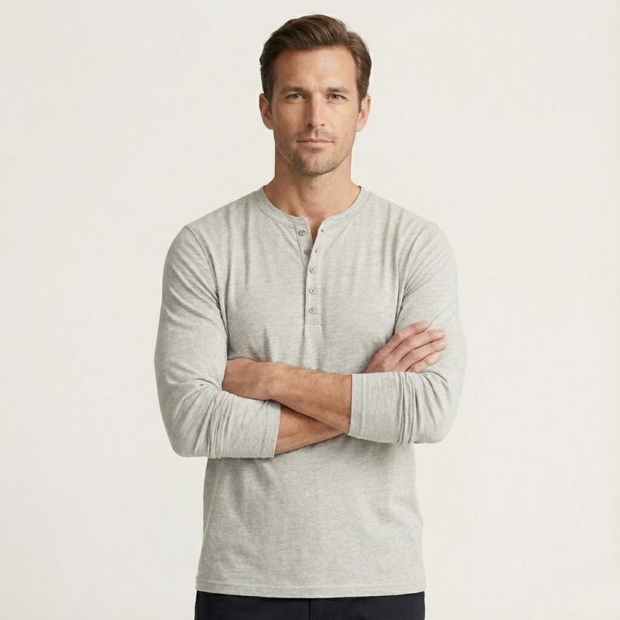 Herren-Langarm-Henley-Shirt mit Knopfleiste und Rundhalsausschnitt