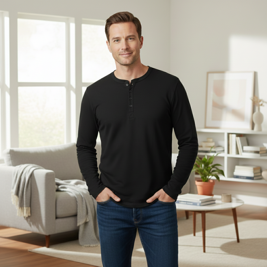 Herren-Langarm-Henley-Shirt mit Knopfleiste und Rundhalsausschnitt