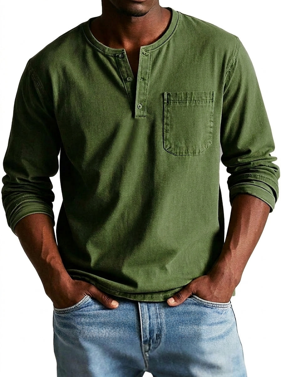 Herren Langarm-Henleyshirt mit Knopfleiste und Brusttasche