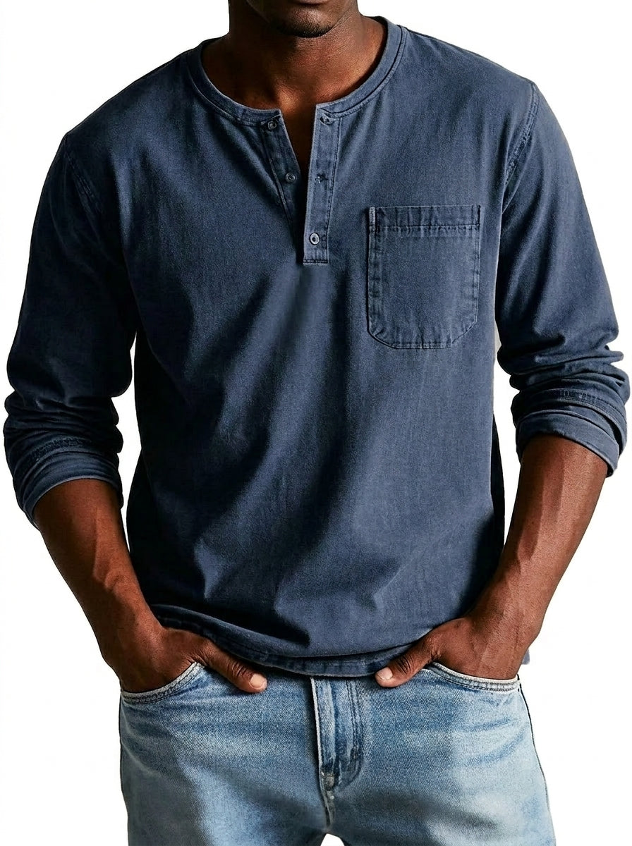 Herren Langarm-Henleyshirt mit Knopfleiste und Brusttasche