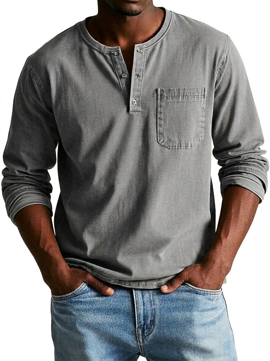 Herren Langarm-Henleyshirt mit Knopfleiste und Brusttasche