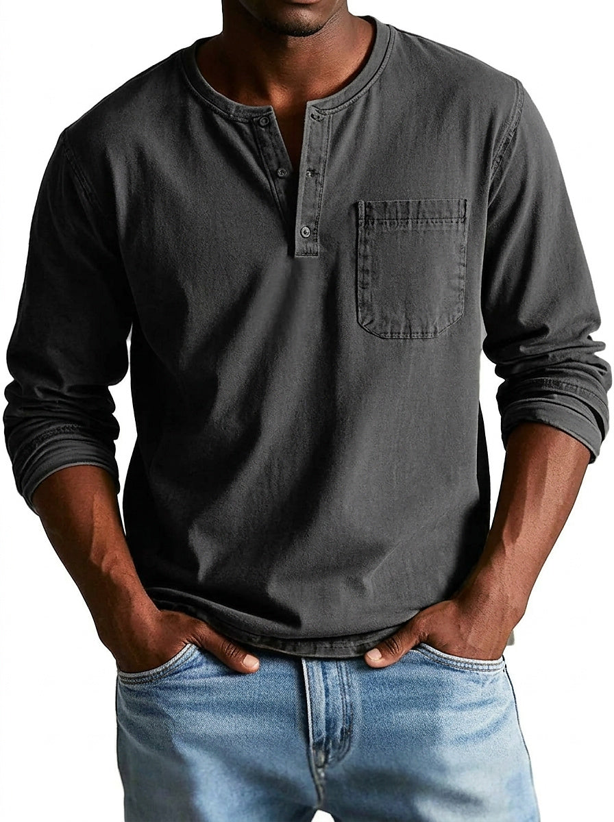Herren Langarm-Henleyshirt mit Knopfleiste und Brusttasche