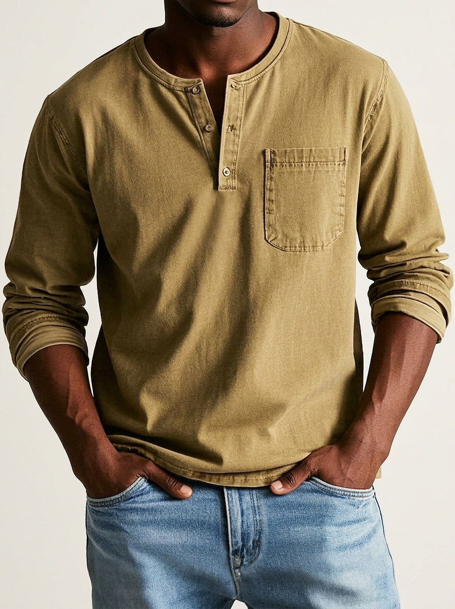 Herren Langarm-Henleyshirt mit Knopfleiste und Brusttasche