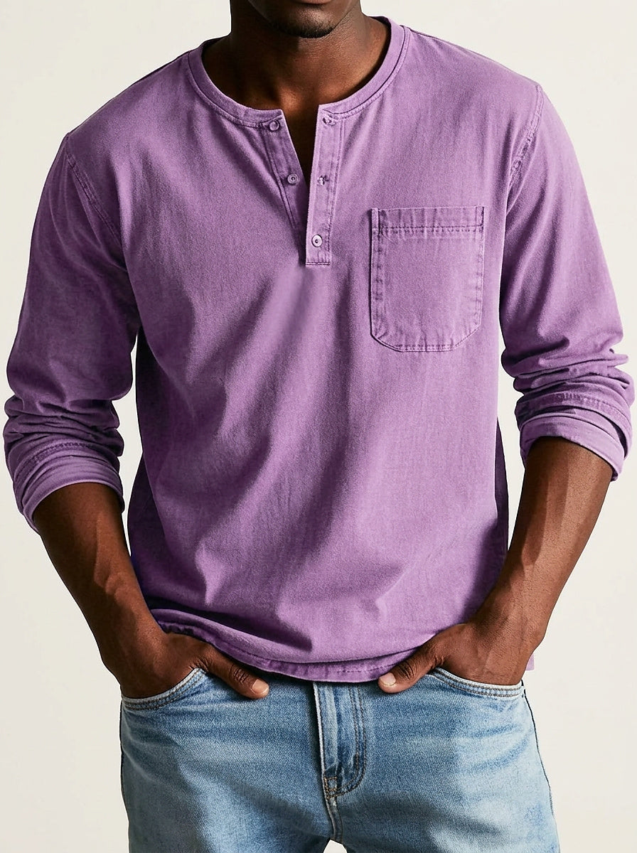 Herren Langarm-Henleyshirt mit Knopfleiste und Brusttasche