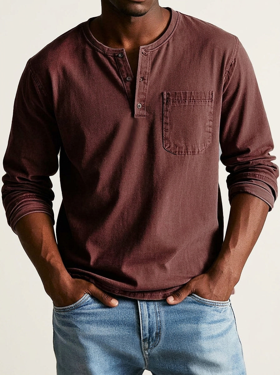 Herren Langarm-Henleyshirt mit Knopfleiste und Brusttasche