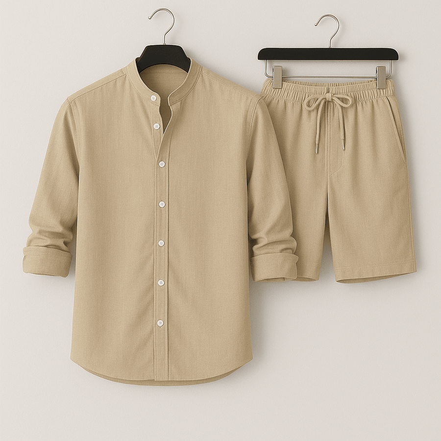 Herren Leinenlook Set Hemd Shorts