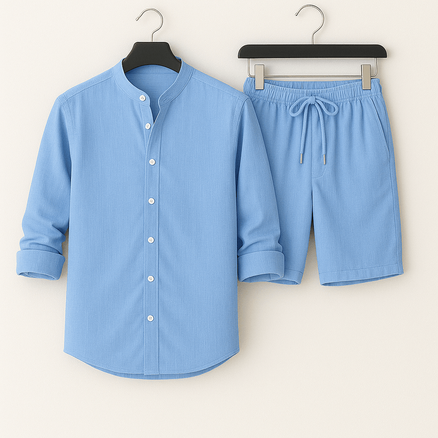Herren Leinenlook Set Hemd Shorts