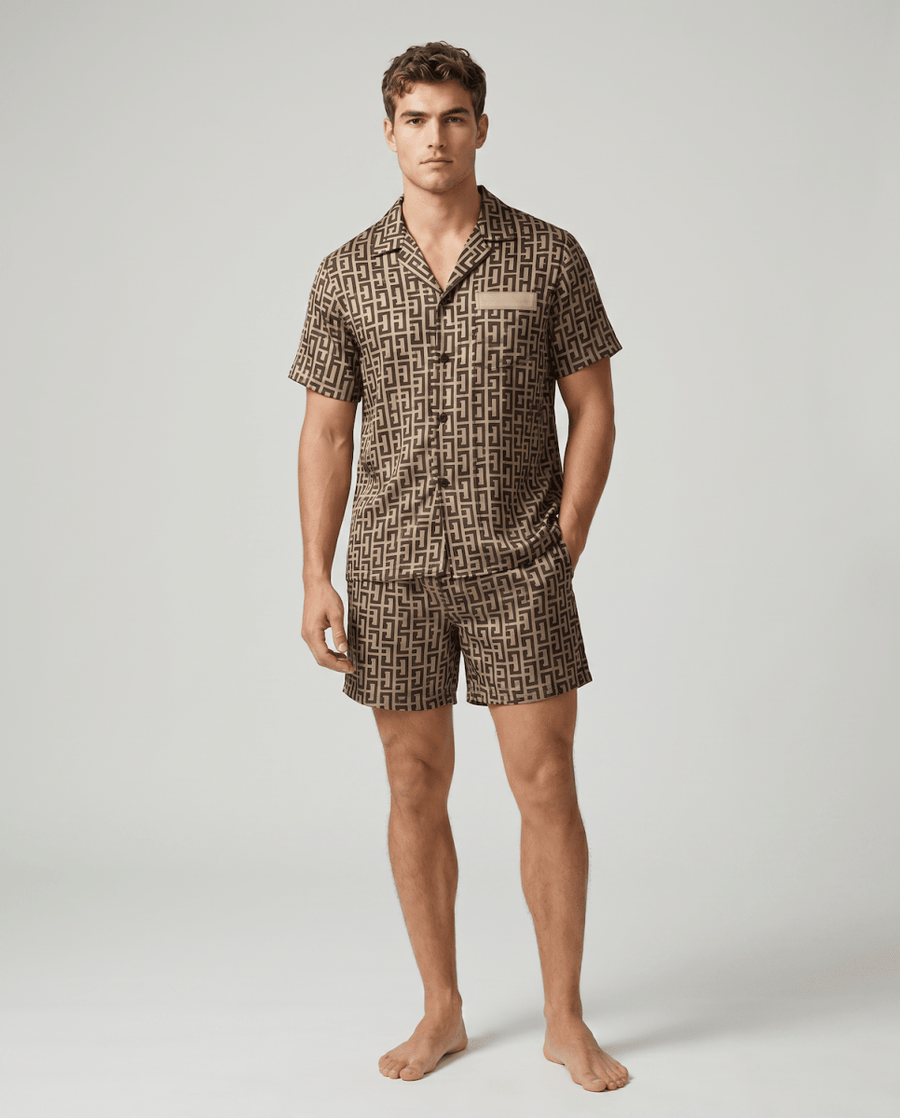 Herren Schlafanzug kurz gemustert mit Hemd und Shorts