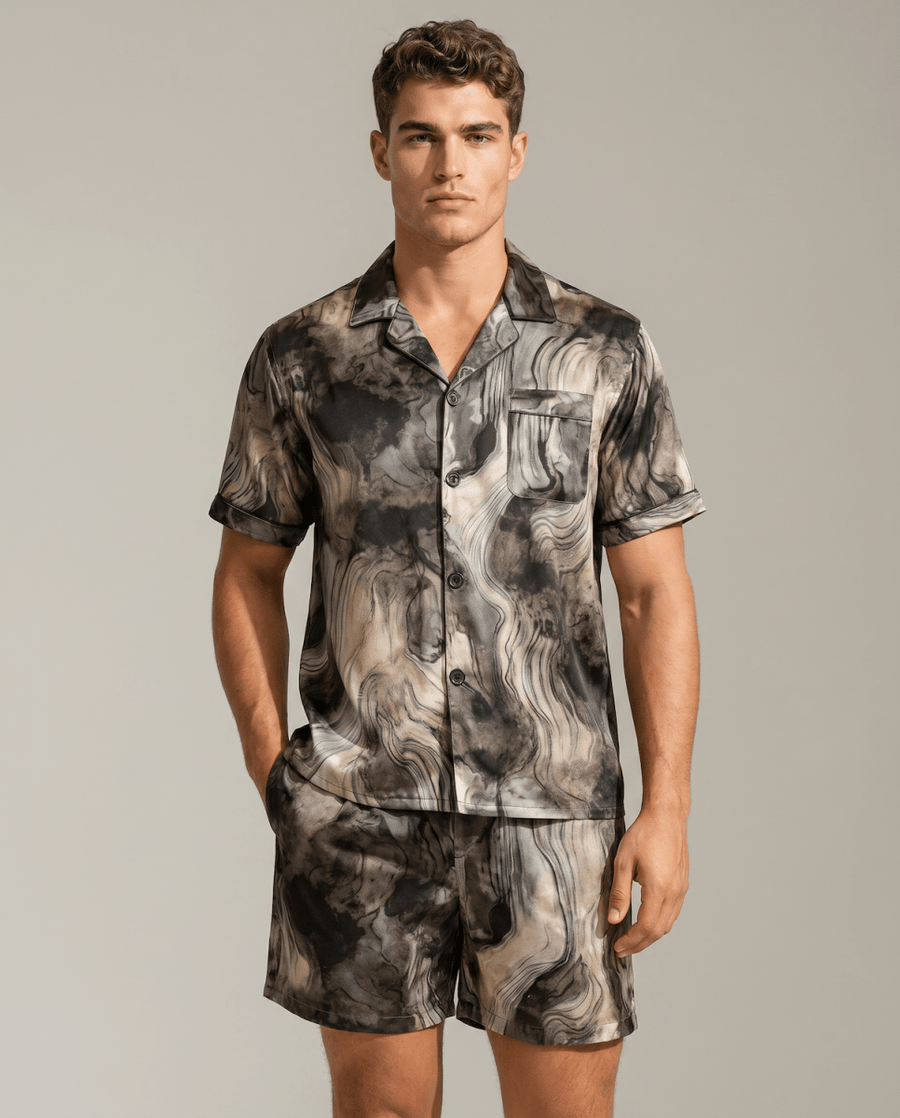 Herren Schlafanzug kurz gemustert mit Hemd und Shorts