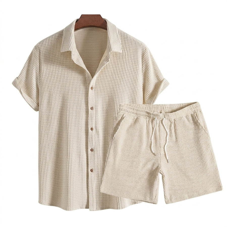 Herren Set aus Kurzarmhemd mit Knopfleiste und Shorts mit Kordelzug