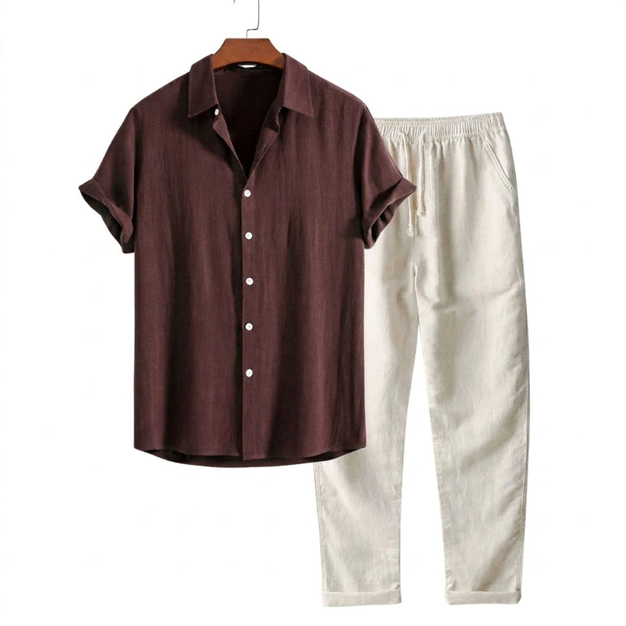 Herren-Set aus Kurzarmhemd mit Reverskragen und Hose mit Kordelzug