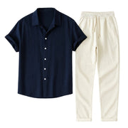 Herren-Set aus Kurzarmhemd mit Reverskragen und Hose mit Kordelzug