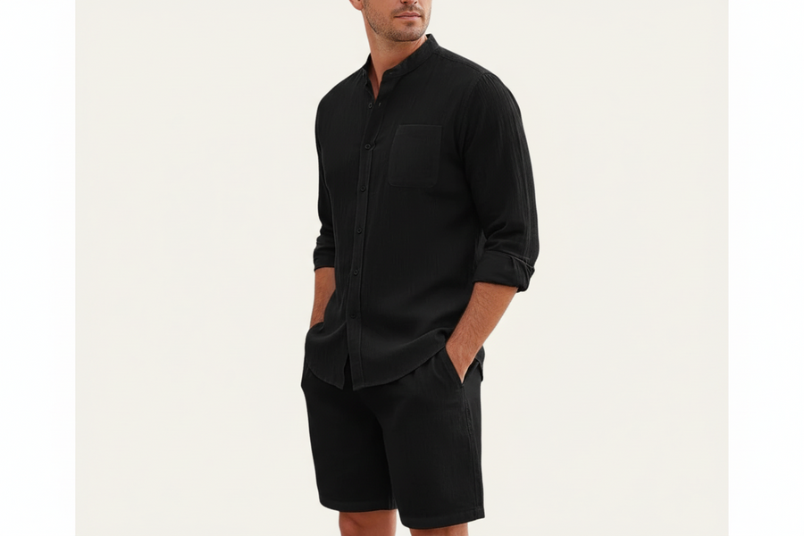 Herren Set mit Hemd mit Stehkragen und Shorts mit Kordelbund