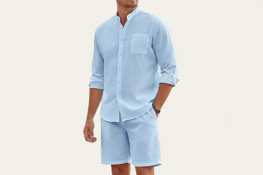 Herren Set mit Hemd mit Stehkragen und Shorts mit Kordelbund