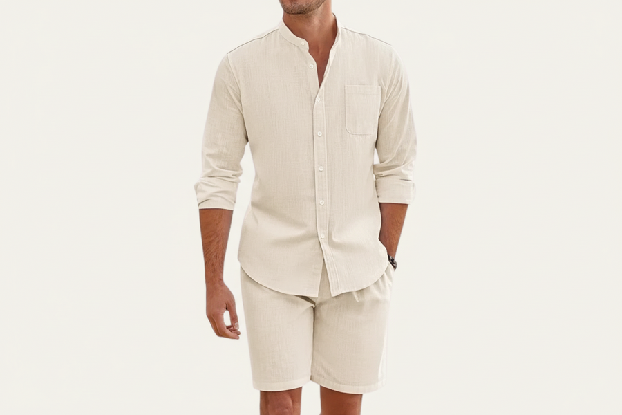 Herren Set mit Hemd mit Stehkragen und Shorts mit Kordelbund
