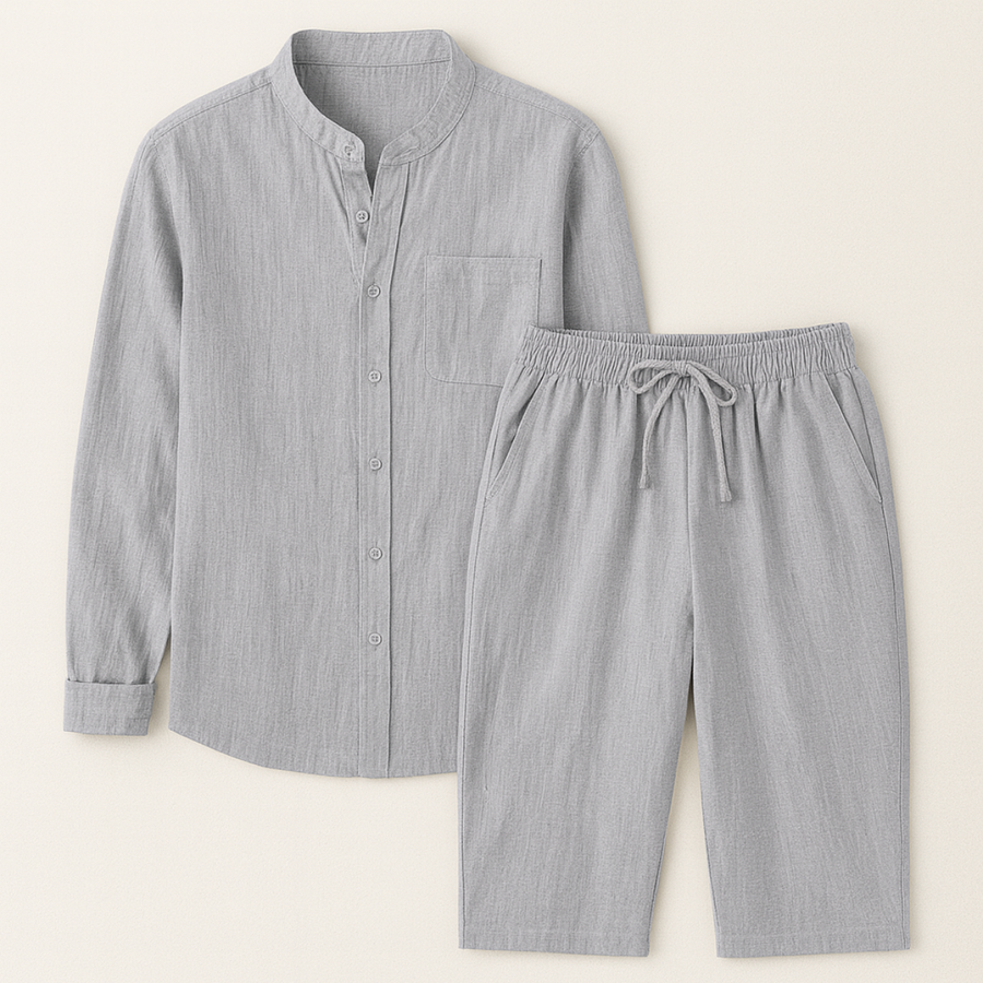Herren Set mit Hemd mit Stehkragen und Shorts mit Kordelbund