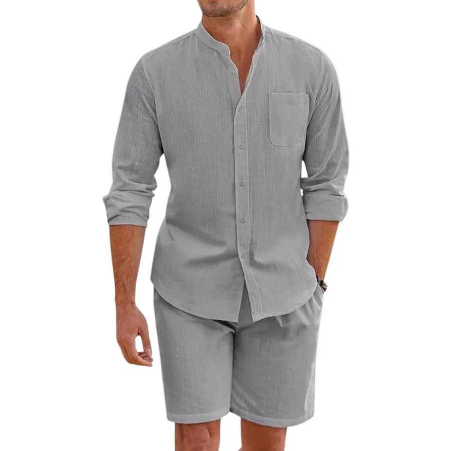 Herren Set mit Hemd mit Stehkragen und Shorts mit Kordelbund