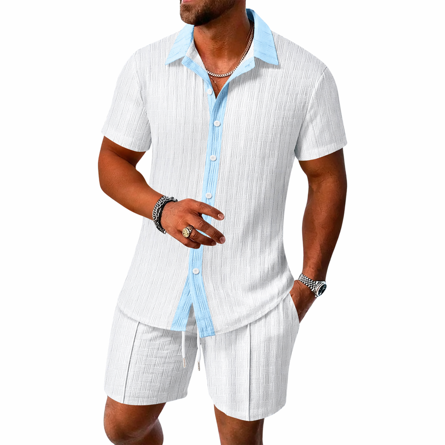 Herren Set mit Kurzarmhemd mit Kragen und Knopfleiste sowie Shorts mit elastischem Bund und Kordelzug
