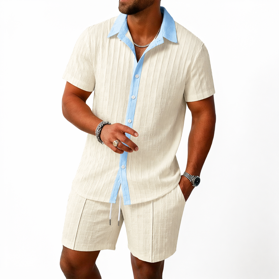 Herren Set mit Kurzarmhemd mit Kragen und Knopfleiste sowie Shorts mit elastischem Bund und Kordelzug