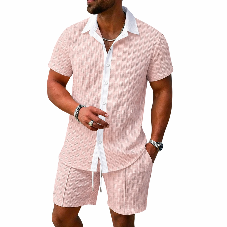 Herren Set mit Kurzarmhemd mit Kragen und Knopfleiste sowie Shorts mit elastischem Bund und Kordelzug