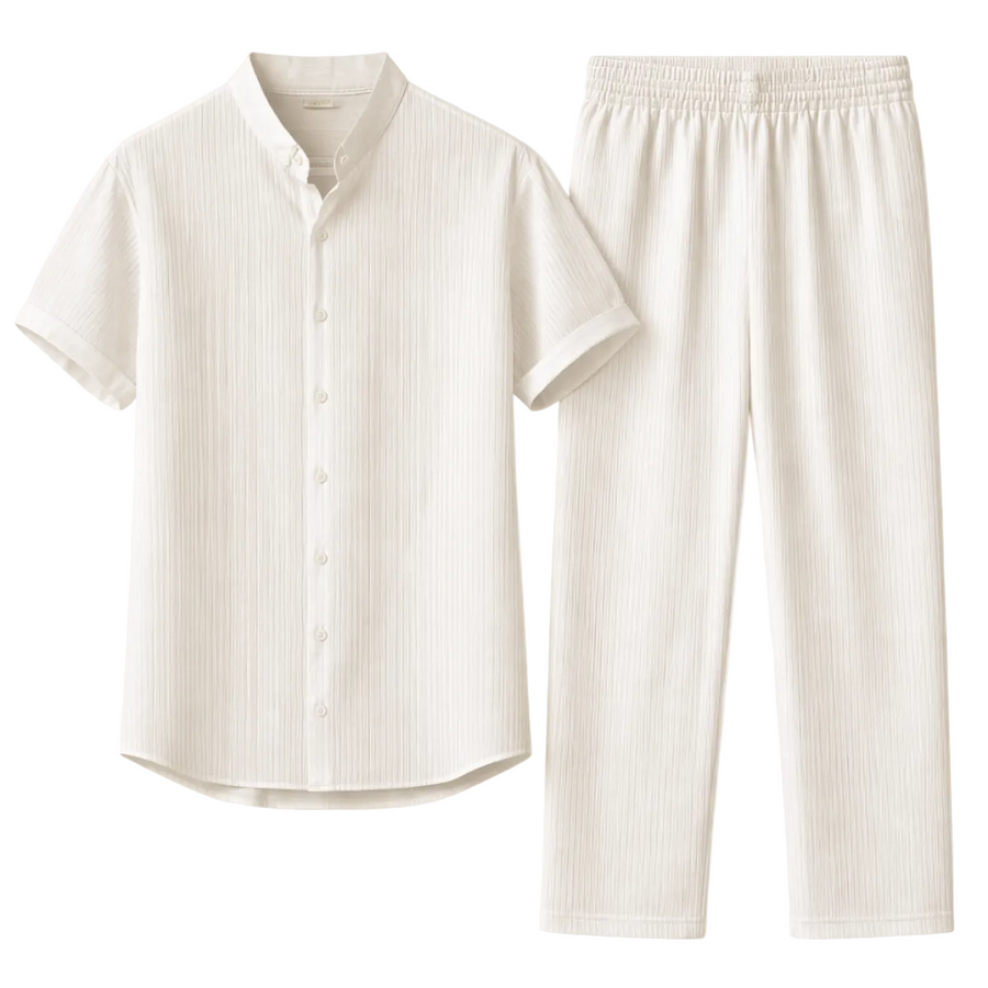 Herren Set mit Kurzarmhemd mit Stehkragen und Knopfleiste sowie Hose mit elastischem Bund