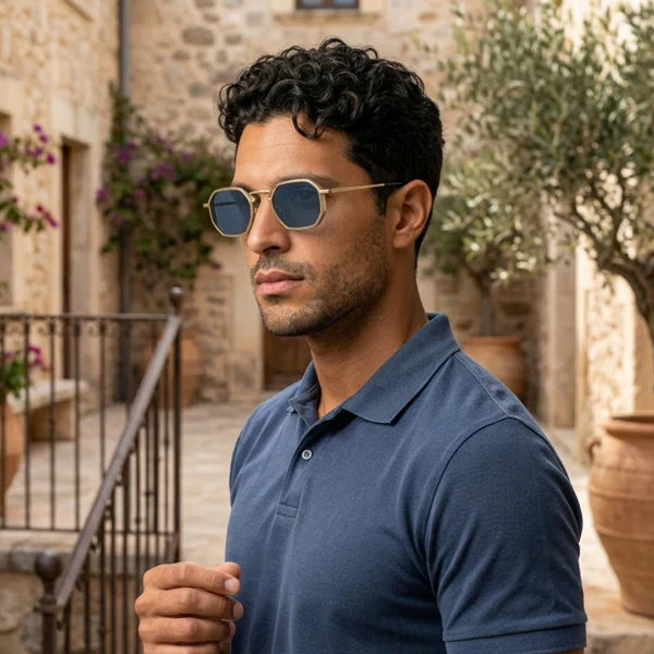 Herren Sonnenbrille mit geometrischer Vollrandfassung und Winkelsteg