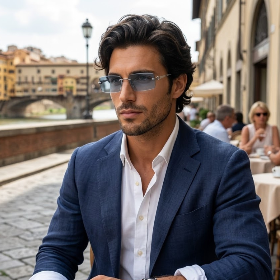 Herren Sonnenbrille mit rechteckigen Gläsern und dekorativem Bügeldetail