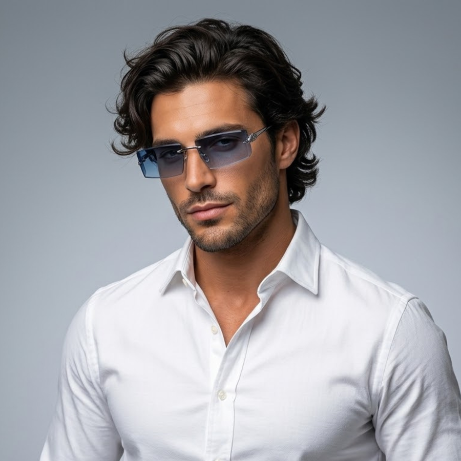 Herren Sonnenbrille mit rechteckigen Gläsern und dekorativem Bügeldetail