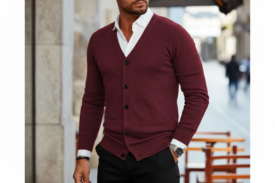 Herren Strickjacke mit Knopfleiste, V-Ausschnitt und Rippbündchen