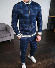 Herren Zweiteiler Set mit Stehkragenjacke und karierten Hosen