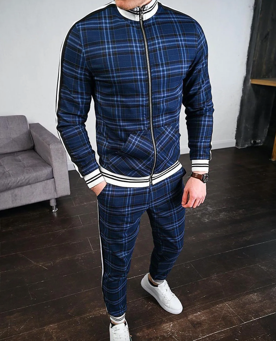 Herren Zweiteiler Set mit Stehkragenjacke und karierten Hosen