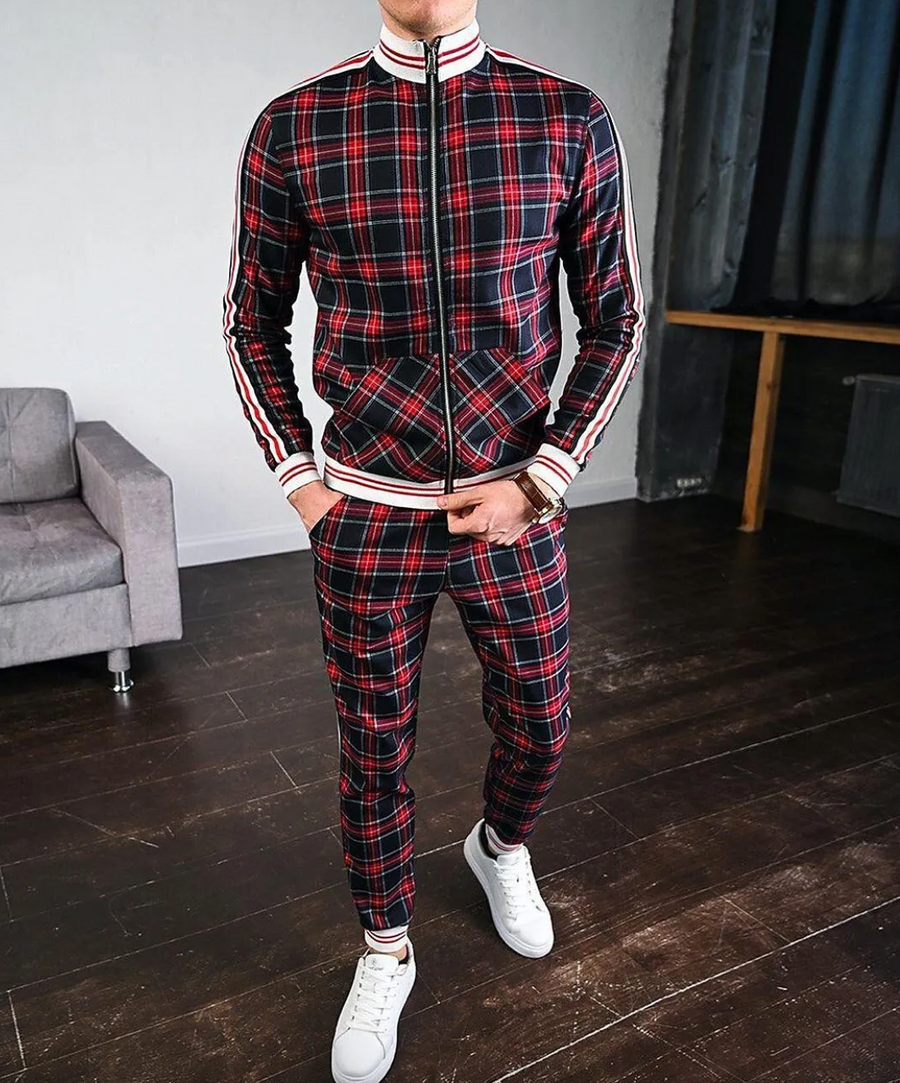 Herren Zweiteiler Set mit Stehkragenjacke und karierten Hosen