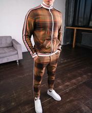 Herren Zweiteiler Set mit Stehkragenjacke und karierten Hosen