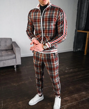 Herren Zweiteiler Set mit Stehkragenjacke und karierten Hosen