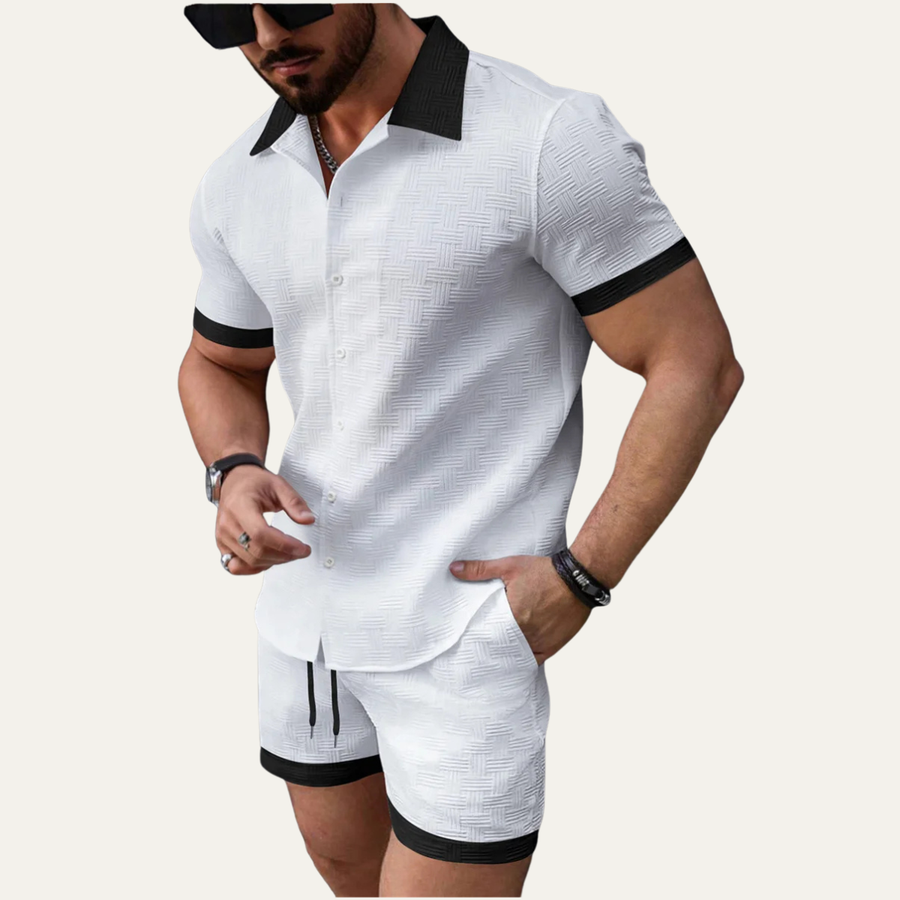 Herren zweiteiliges Set mit Kurzarmhemd mit Knopfleiste und Shorts mit elastischem Bund und Kordelzug