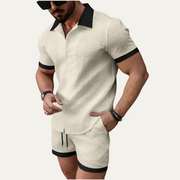 Herren zweiteiliges Set mit Kurzarmhemd mit Knopfleiste und Shorts mit elastischem Bund und Kordelzug