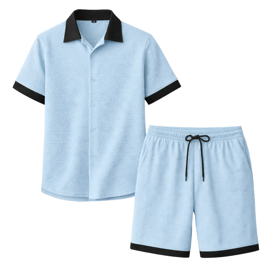 Herren zweiteiliges Set mit Kurzarmhemd mit Knopfleiste und Shorts mit elastischem Bund und Kordelzug