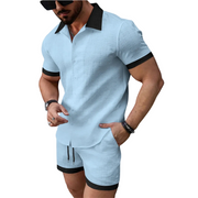 Herren zweiteiliges Set mit Kurzarmhemd mit Knopfleiste und Shorts mit elastischem Bund und Kordelzug