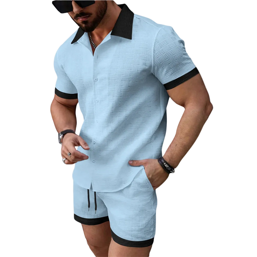 Herren zweiteiliges Set mit Kurzarmhemd mit Knopfleiste und Shorts mit elastischem Bund und Kordelzug