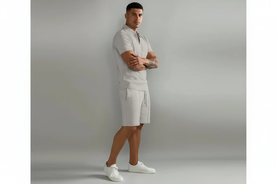 Herren Zweiteiliges Set Poloshirt mit Reißverschluss und kurze Hose