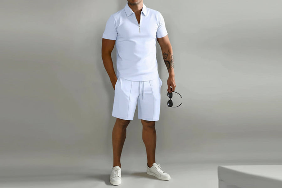 Herren Zweiteiliges Set Poloshirt mit Reißverschluss und kurze Hose