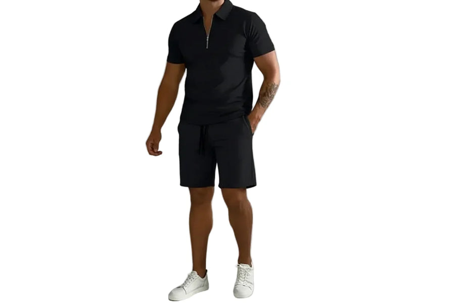 Herren Zweiteiliges Set Poloshirt mit Reißverschluss und kurze Hose