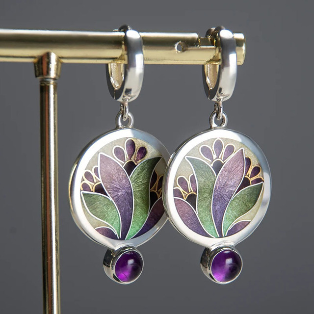 Boho-Ohrringe mit lila Kristallen aus Sterlingsilber