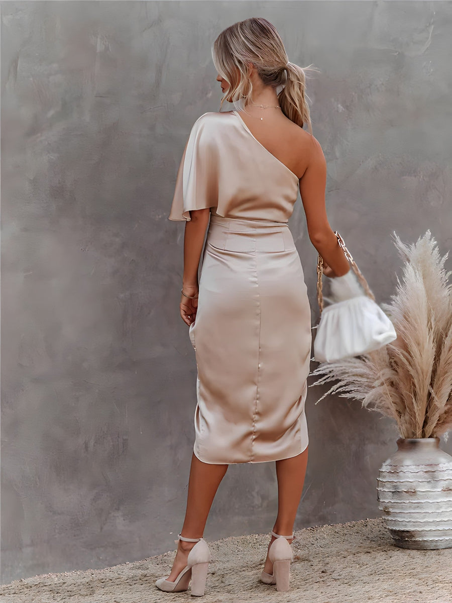 Ottilie - Elegantes One-Shoulder-Abendkleid aus Satin | Asymmetrisches Partykleid aus Satin mit Rüschen
